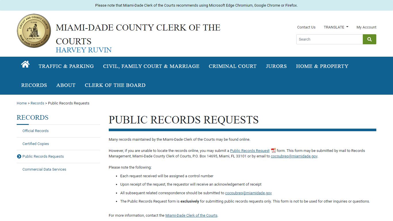 Public Records Request - Miami-Dade Clerk